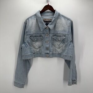 American Blues Womens 1X Cropped Denim Jacket Studded Rhinestone Y2K McBling Blu